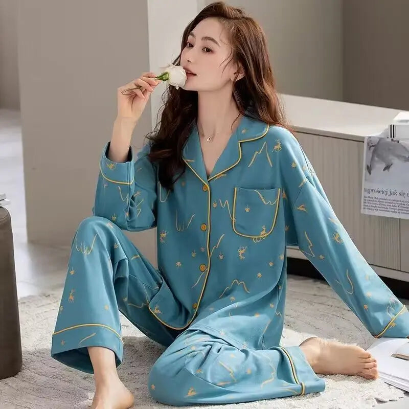 High Quality Large Size Women Cotton Pajamas Button down Tops and Trousers Set Sleepwear Homewear