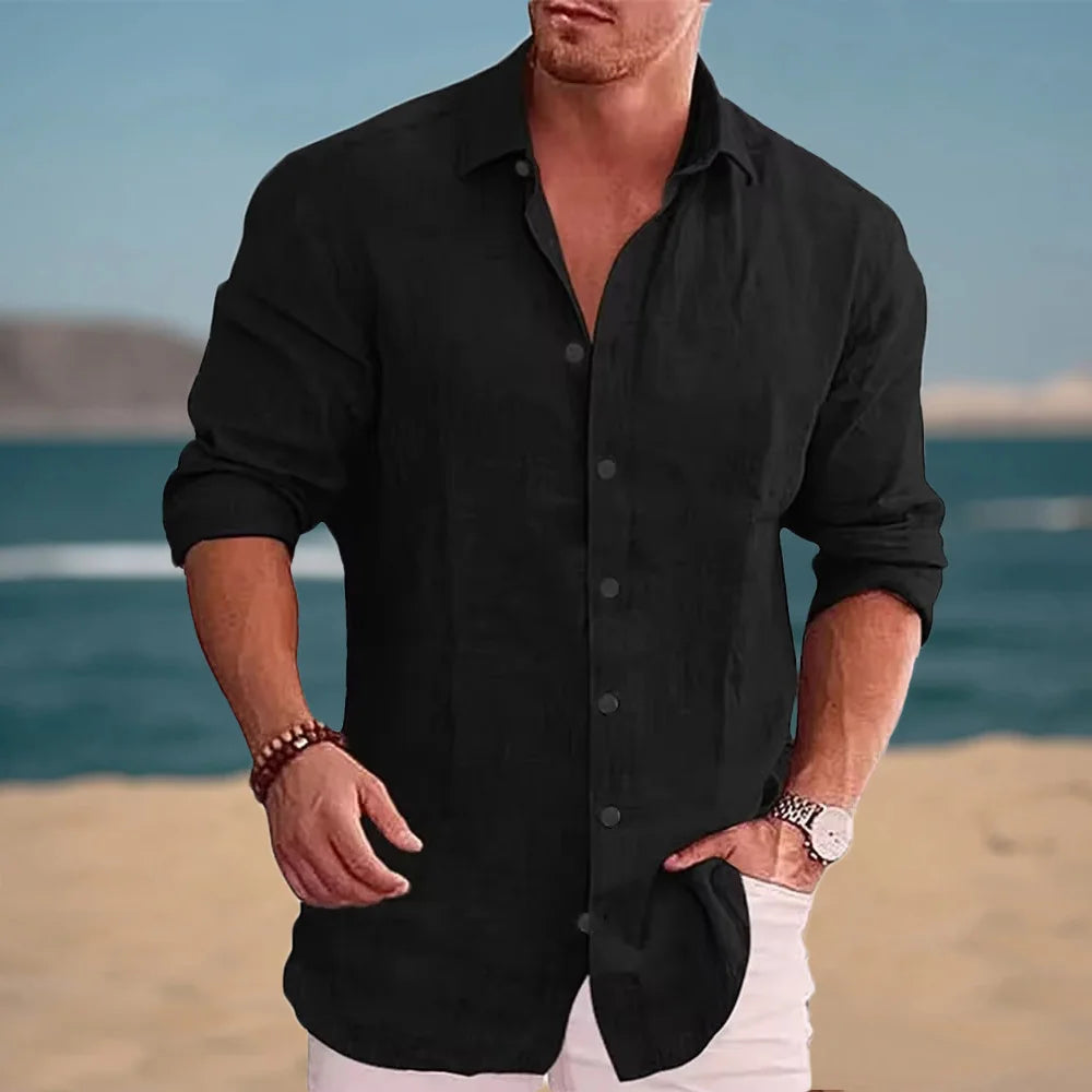 Autumn Men's Long Sleeve Shirt Cotton Linen Breathable Solid Color Casual Style Plus Size