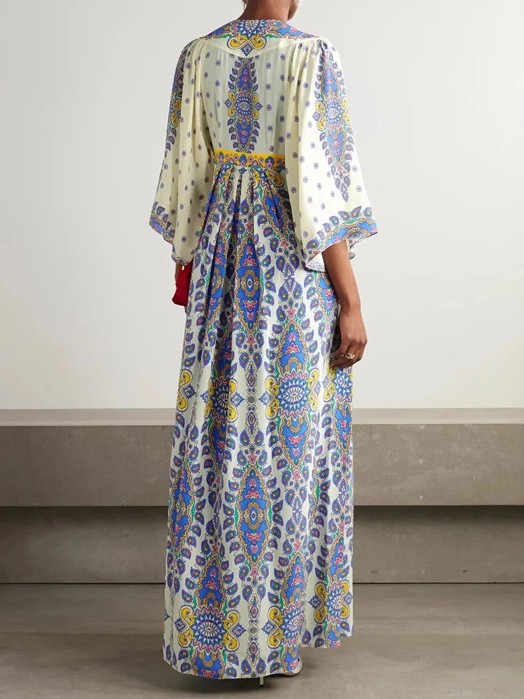 Three Quarter Sleeve Patchwork Loose Chic Maxi Women V Neck Dress