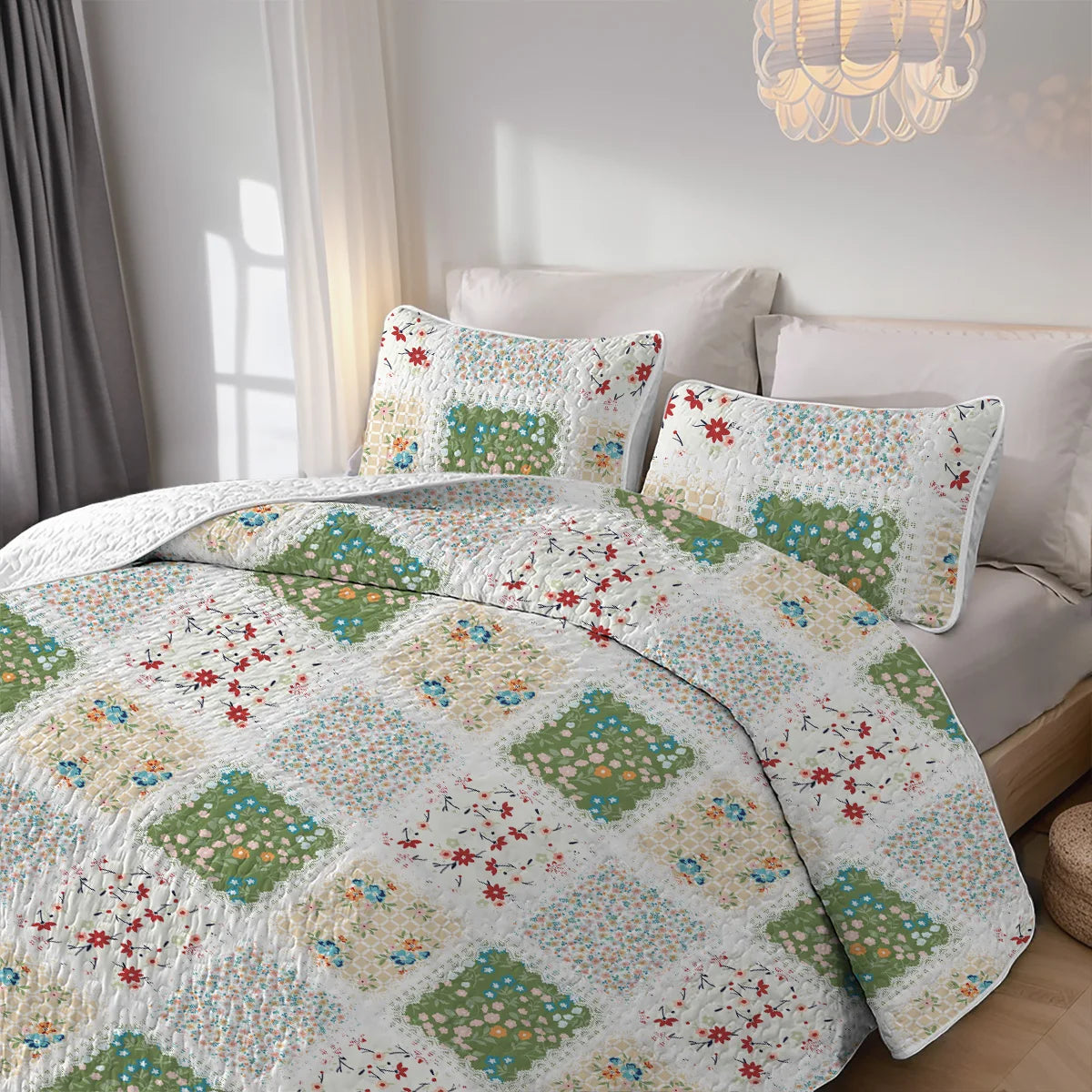 2/3-Pcs Geometric Grid Printed Quilt Set, Cal King, Durable, Breathable