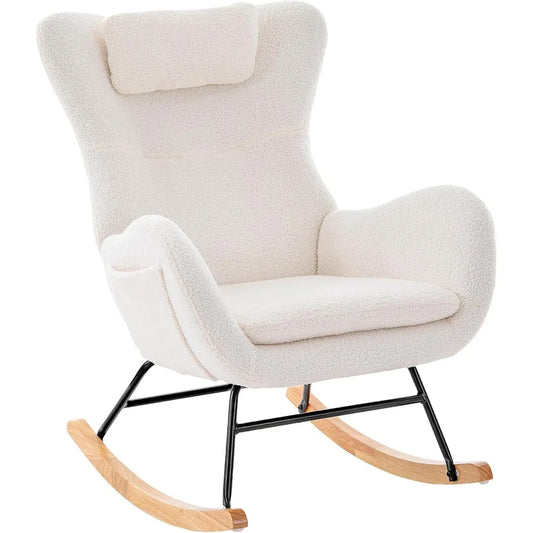Nursery Comfy Rocking Chairs for Baby Room Teddy Upholstered Glider Recliner with High Backrest and Padded Armrests