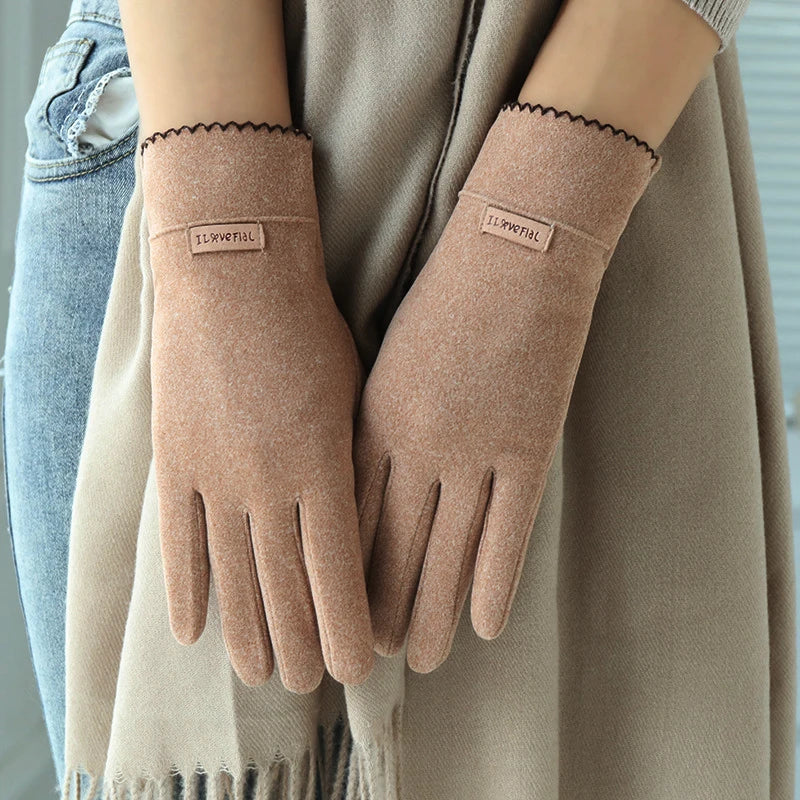 Women Slim Vintage Windproof Touch Screen Suede Winter Gloves