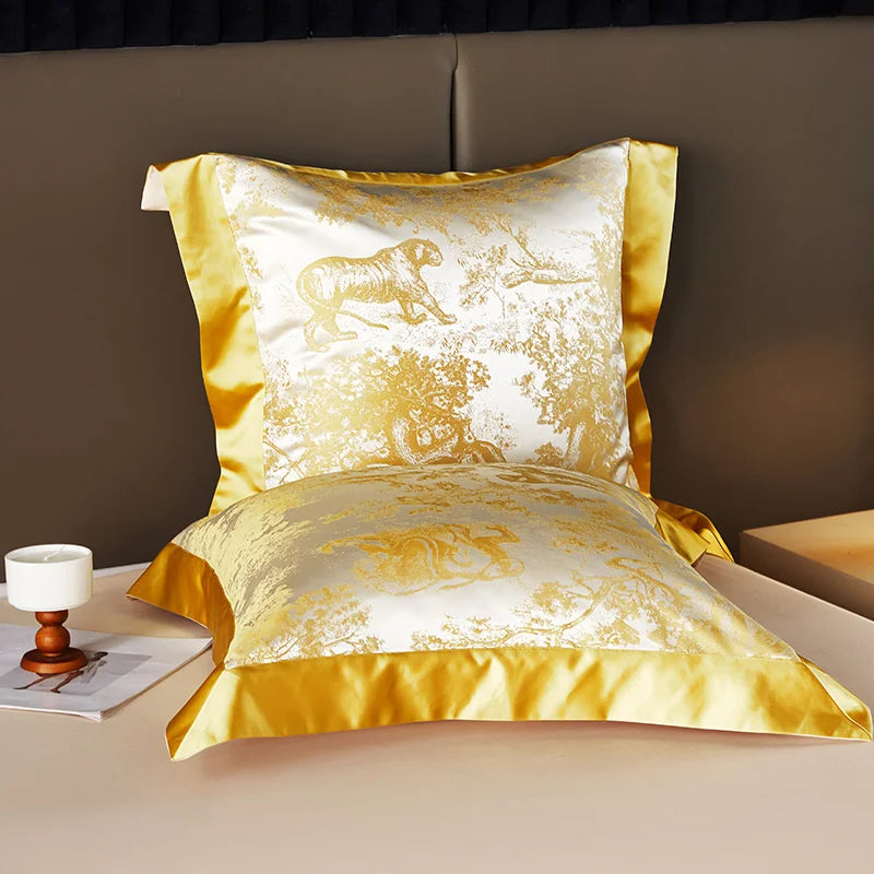 4/6Pcs Luxury Beige Gold Brocade Jacquard Egyptian Cotton Bedding Set Duvet Cover Flat/Fitted Bed Sheet Pillowcases