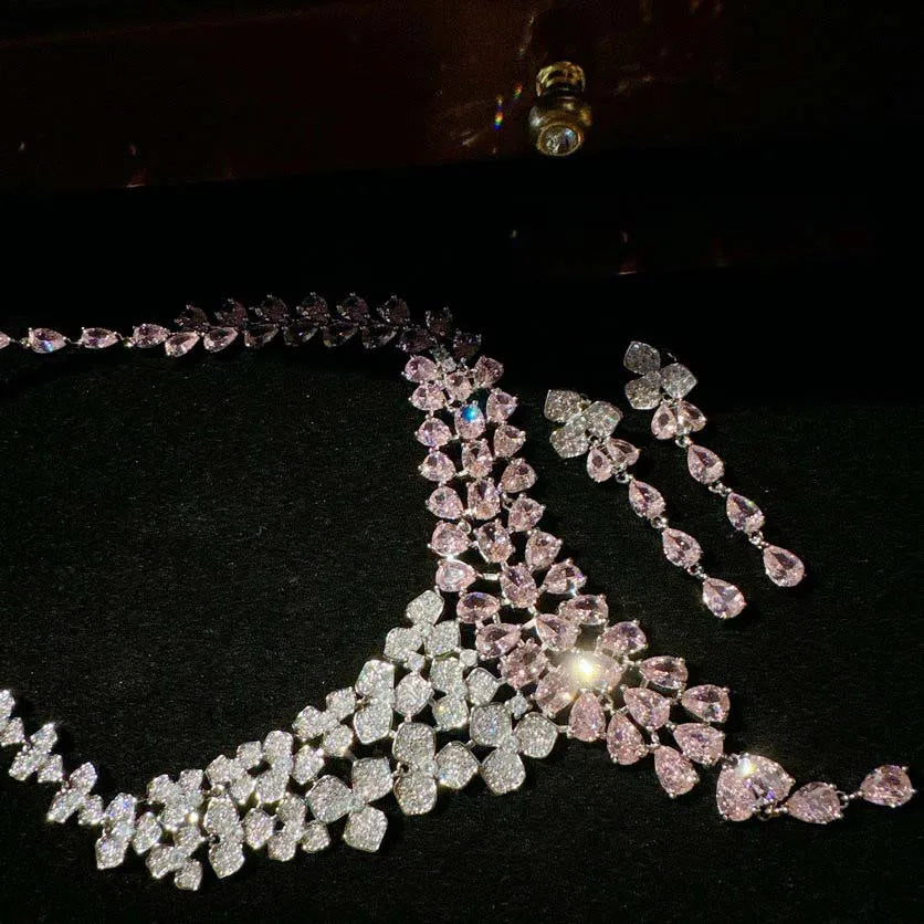 Women Flower Drop Necklace Earring 18K Gold Plated Pink Crown Zirconia