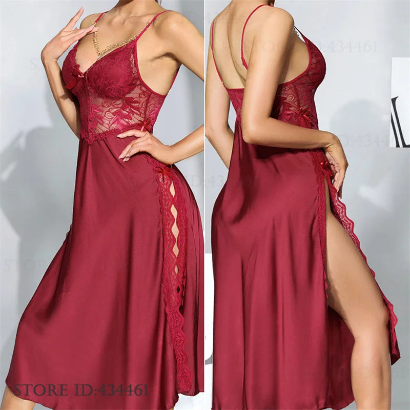 Women Sexy Lingerie Long Nightgown Ice Silk Chemise Sleepwear