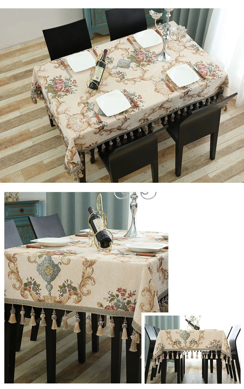 Luxury Jacquard Tablecloth with Tassel Pendant Chenille Fabric Rectangular Table Cover European Living Room Coffee Table Cloth