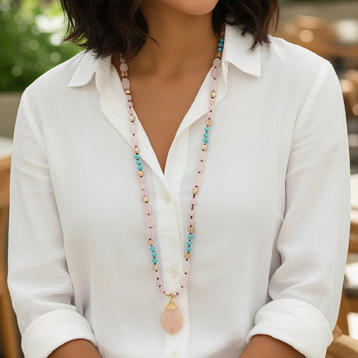 Bohemian-Style Twisted Wire Tree of Life Rose Quartz Necklace Pendant & Earrings