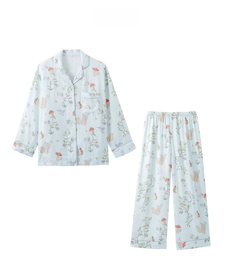 Bamboo Fiber Cotton Double-layer Gauze White Swan Cute Animal Print Long Sleeved Pajamas Set Clothes for Women