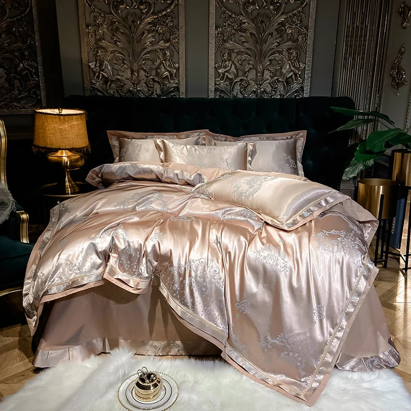 Soft Satin Jacquard Cotton Bedding Set, Luxury Duvet Cover, Blue, Gold, Gray, Queen, King Bed Sheet, Pillowcases, Home Textiles