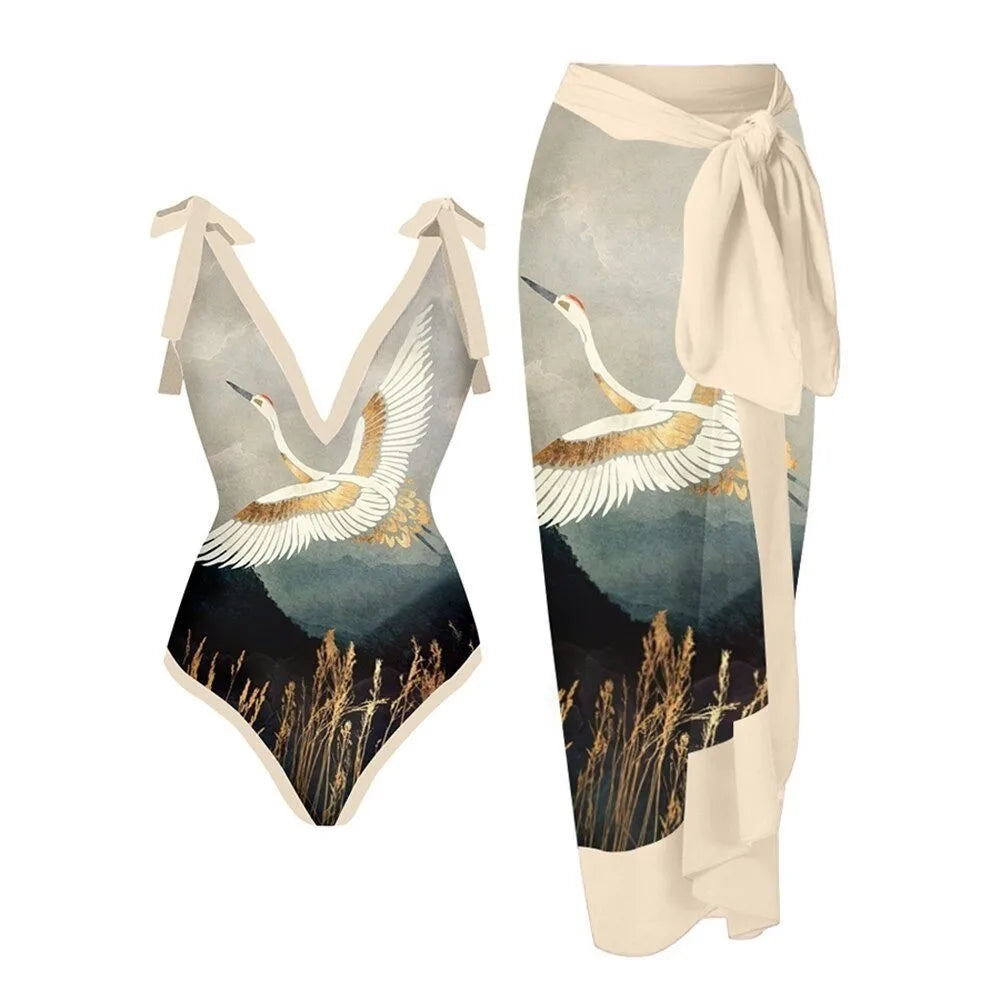 2-Piece Women Brazilian Floral Printed Ruffle Bikinis Strappy Bandage Swimwear