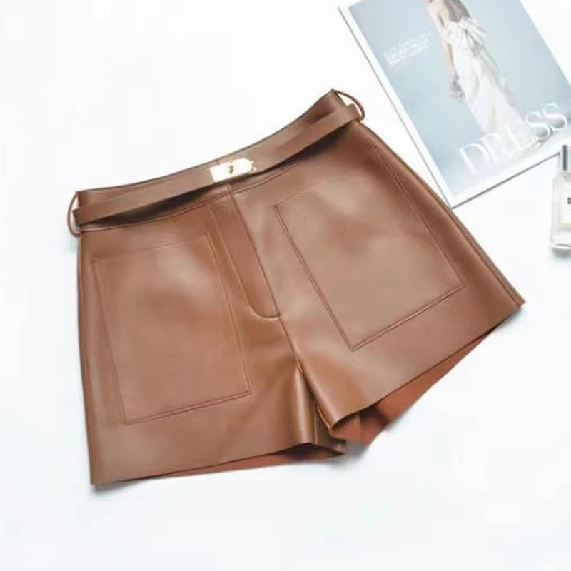 Real Sheepskin Leather Women Shorts