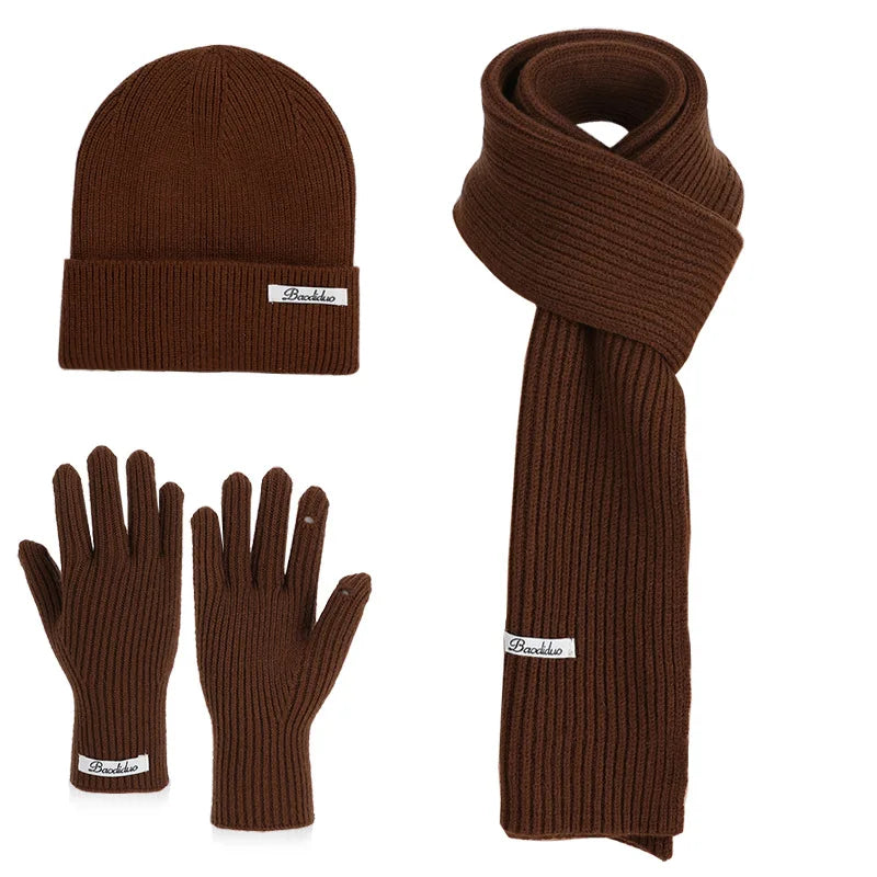Winter Warm Knitted Hat Scarf Gloves Women's Windproof Three-piece Set