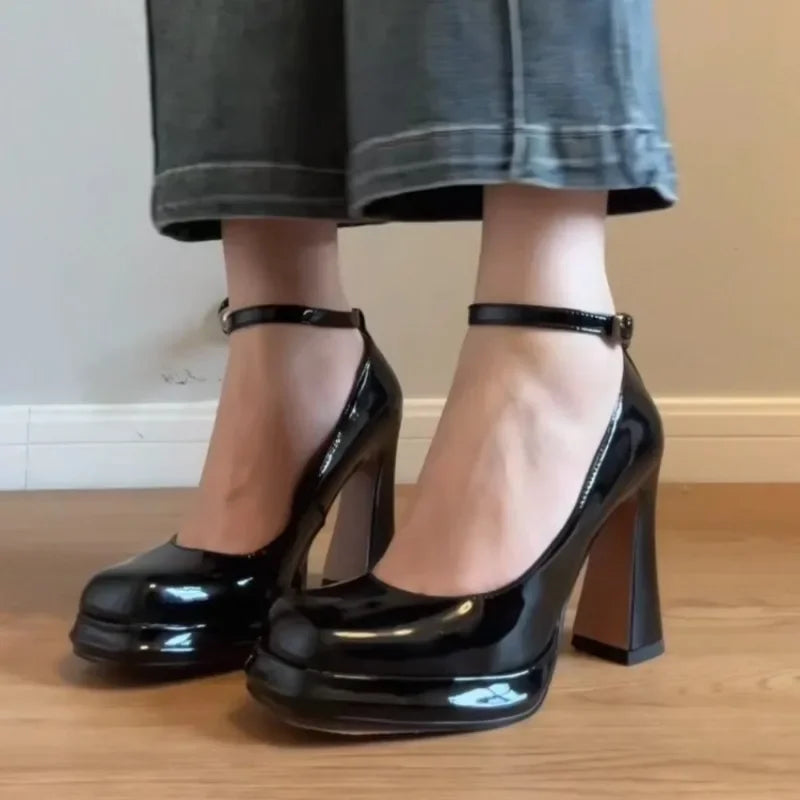Women's Fashion Square Toe Shallow Mouth One-buckle Platform Block Heel Red Single Shoes High-heeled Mary Jane Shoes