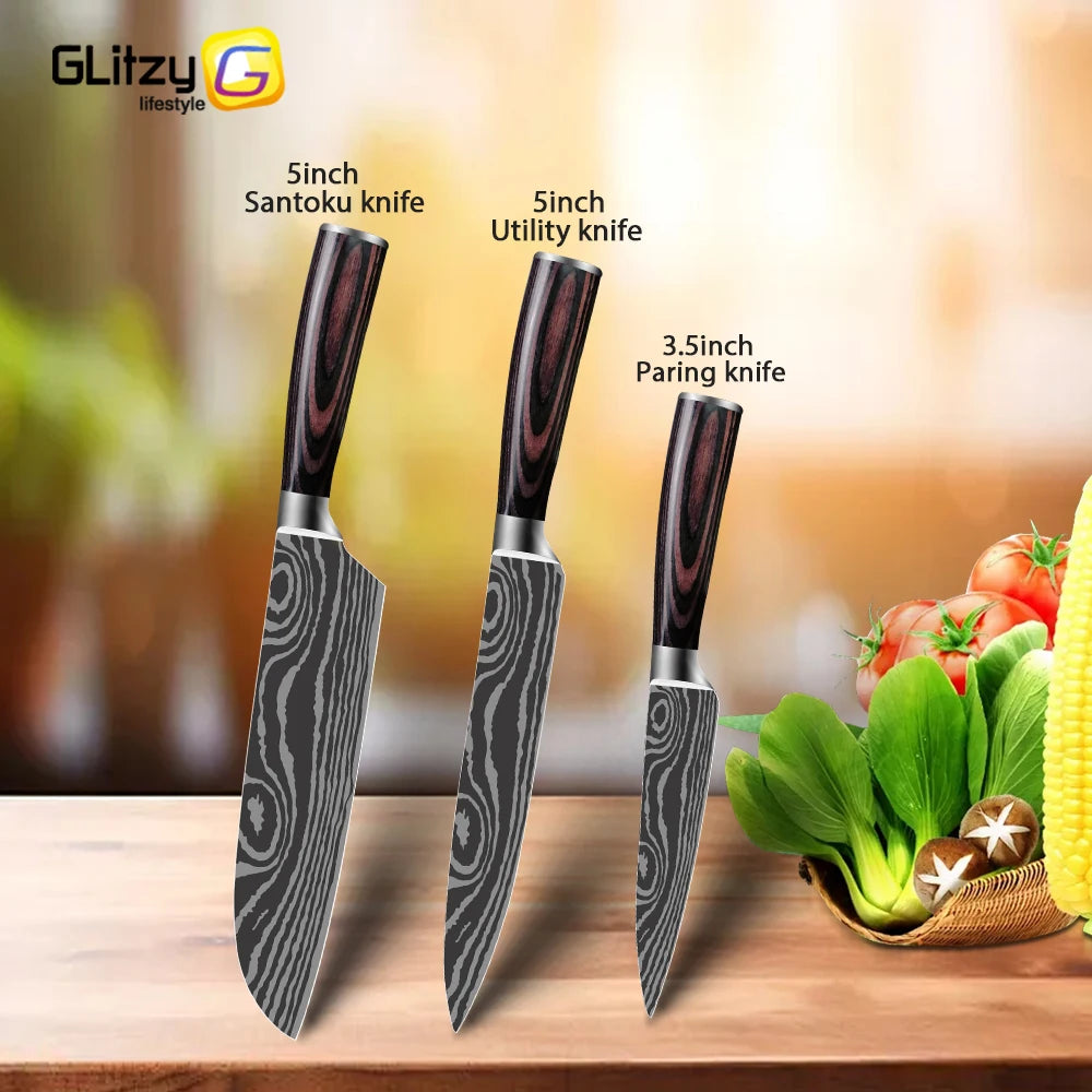 Damascus Laser Steel Kitchen Chef Knives with Shear Cutter and Wooden Handle