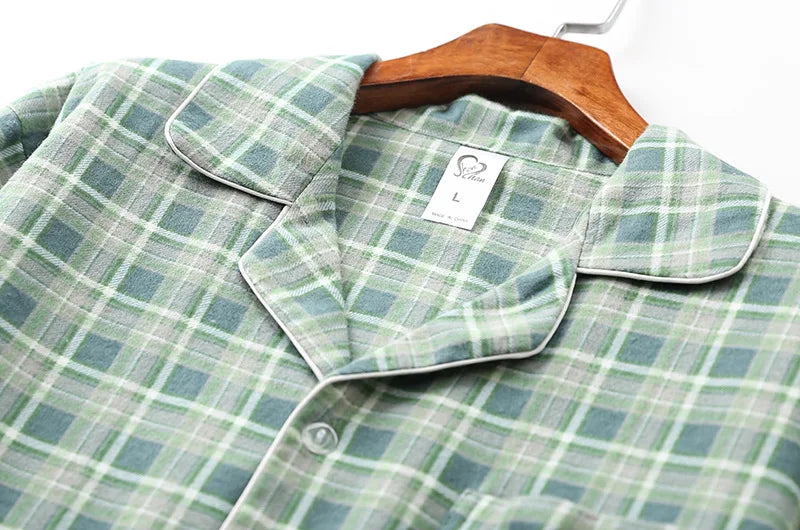 Spring Autumn Winter Long-sleeved Men's Trousers Pajama Set Suits Brushed Cloth Cotton Plaid