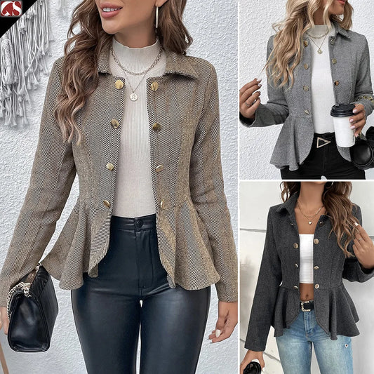 Women Ruffle Slim Blazer Jacket Long Sleeve Double Breasted