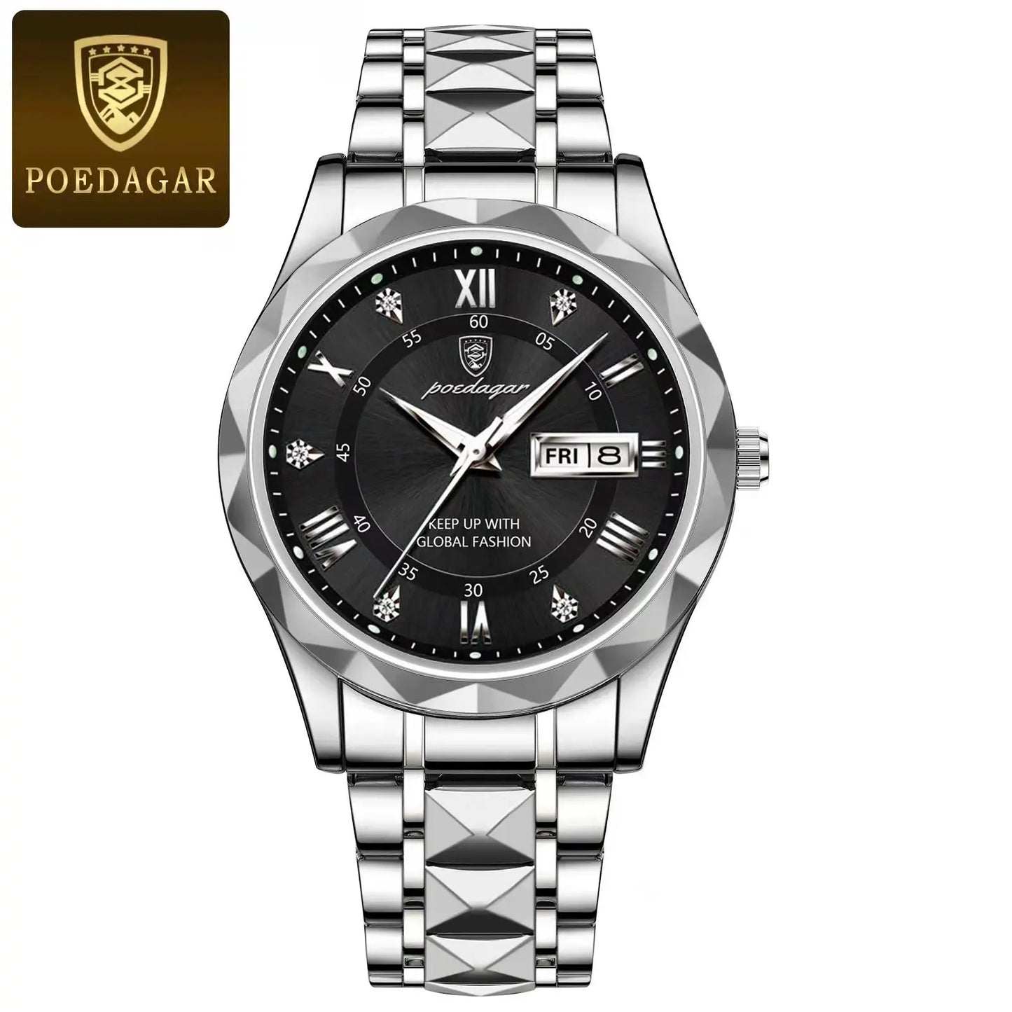 POEDAGAR Top Brand Luxury Men's Waterproof Stainless Steel Quartz Watch Luminous Calendar Week