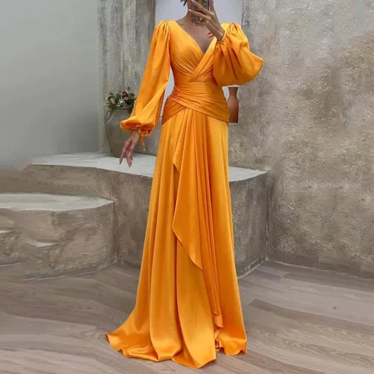 Elegant A-Line Wedding Guest Dress Long Sleeve Satin V Neck Silhouette Ruffles Brush Train Evening Dress