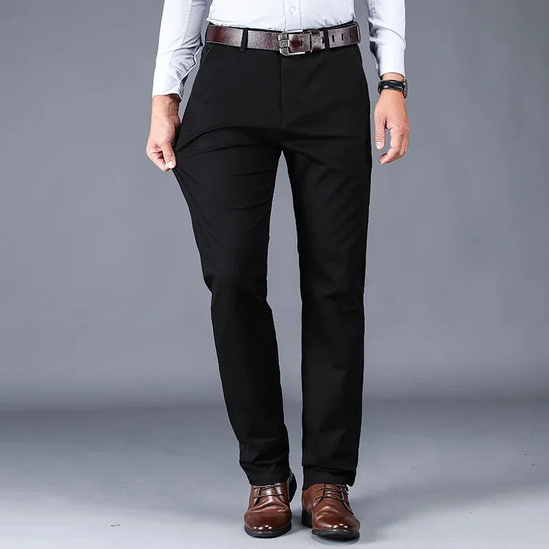 98% Cotton Casual Men's Pants Classic Straight Loose High Waist Elastic Trousers