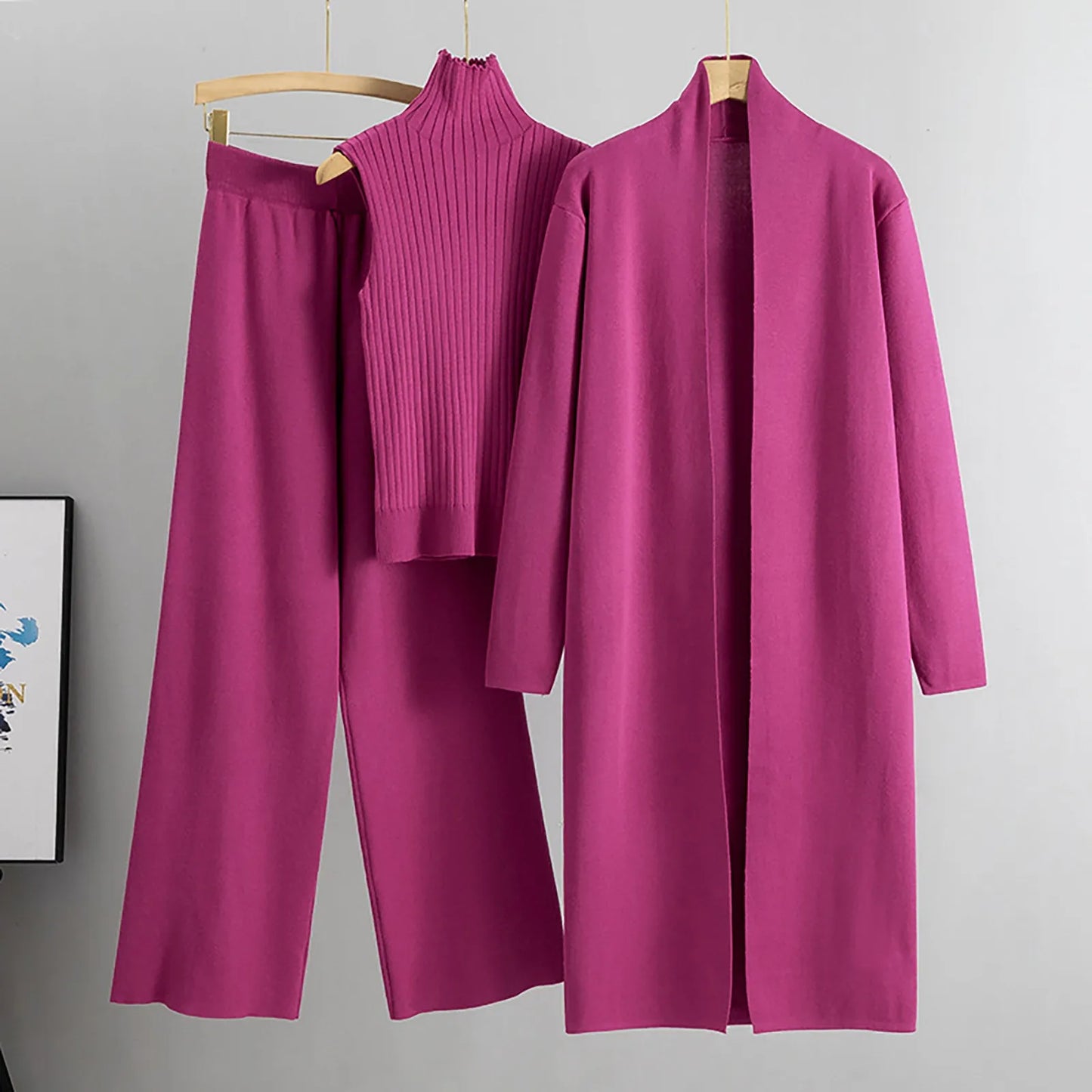 3 Piece Outfits Sweater Pullover Top & Knitted Long Cardigan & Wide Leg Pants Suits