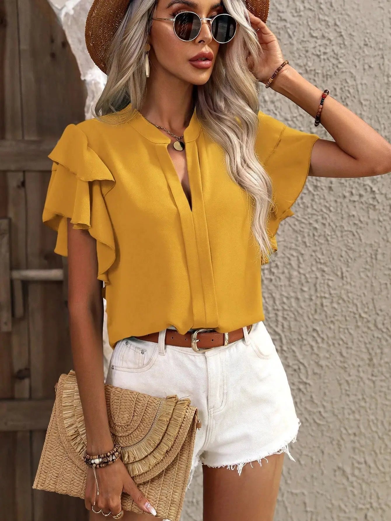 Elegant Women Summer Blouse V-neck Casual Double Layered Ruffle Sleeves