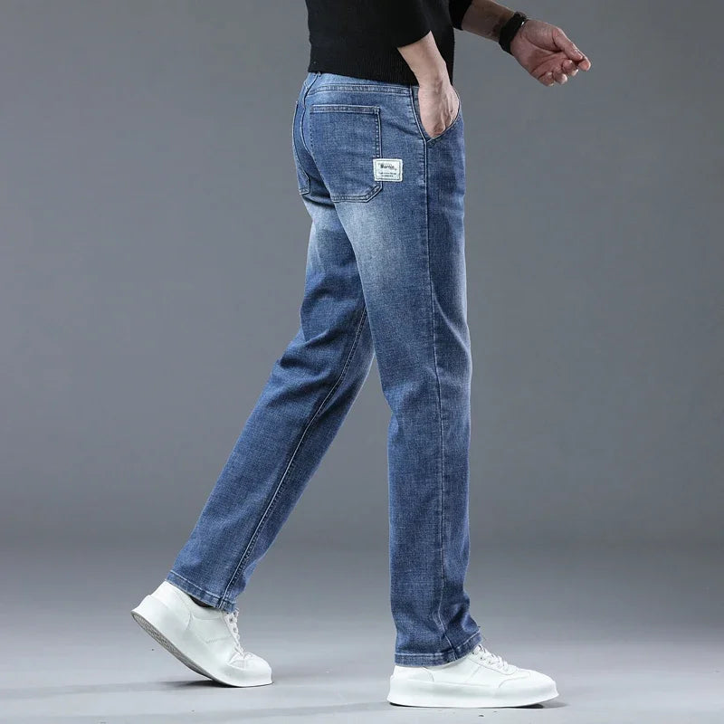 Spring Fashion Men's Light Blue Slim Jeans Stylish Business Casual Stretch Fabric Denim Pants Classic All Match Trousers