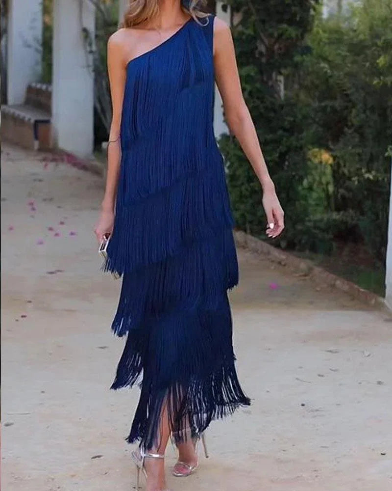 Spring and Summer Women's Fashion Fringed One Shoulder Asymmetrical Dress