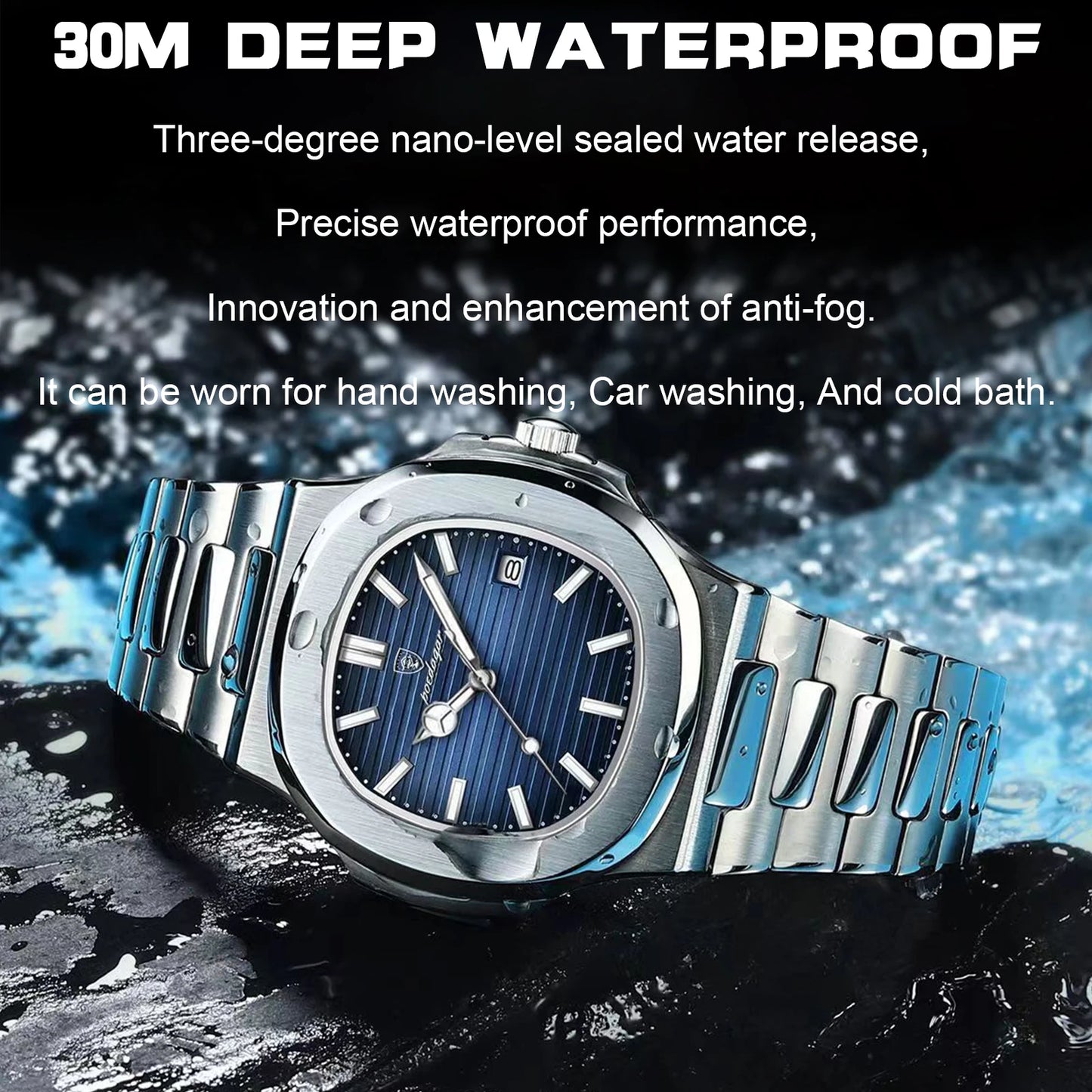Luxury Men Watch Waterproof Clock Luminous Date Stainless Steel Square Quartz