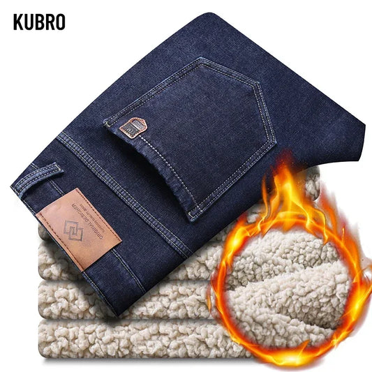 Brand Winter Warm Fleece Jeans Men's Thick Thermal Casual Straight Denim Pants Male Business Work Stretch Trousers
