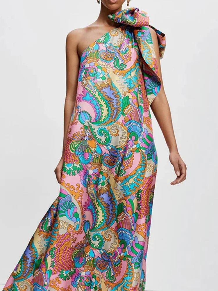 Summer Satin One-piece Robes Fashion Pattern Printed Skew Collar Halter Dress Elegant Off Shoulder Pleated Party Dress