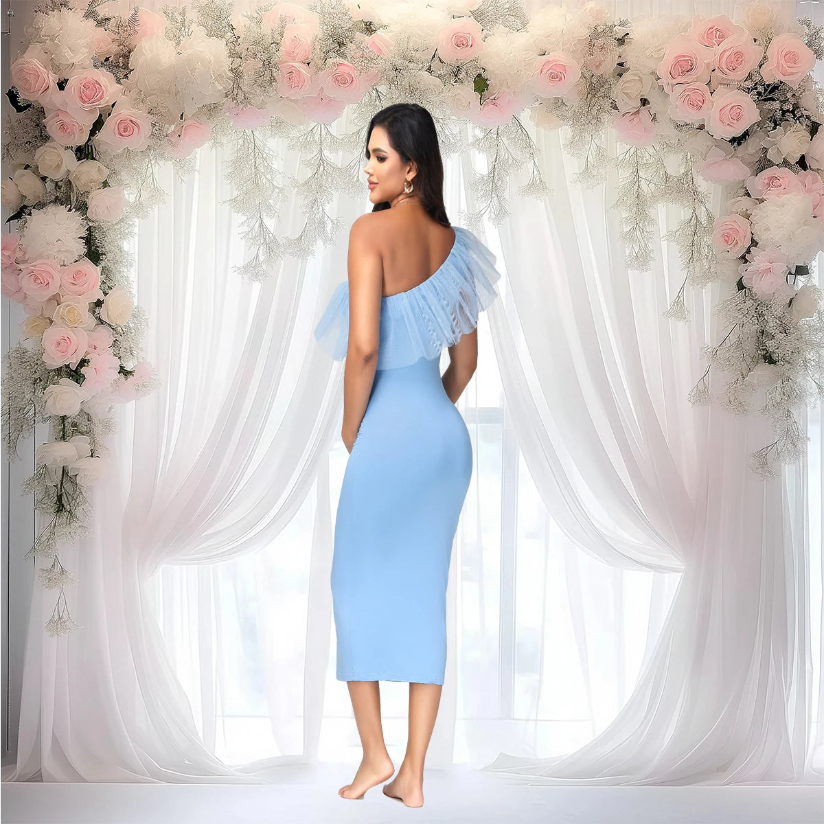 Maternity One-Shoulder Mesh Ruffled Collar Midi Dress for Party Baby Shower Photoshoot