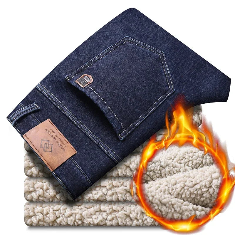 Brand Winter Warm Fleece Jeans Men's Thick Thermal Casual Straight Denim Pants Male Business Work Stretch Trousers