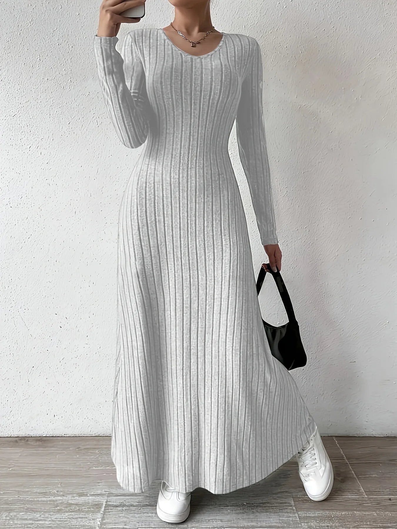 Women Knitted Elegant Winter Maxi Dress O Neck Long Sleeves