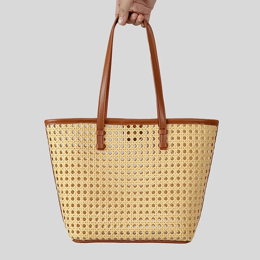 Fashion Hollow Buckets Faux Rattan Woven Women Shoulder Tote Bags