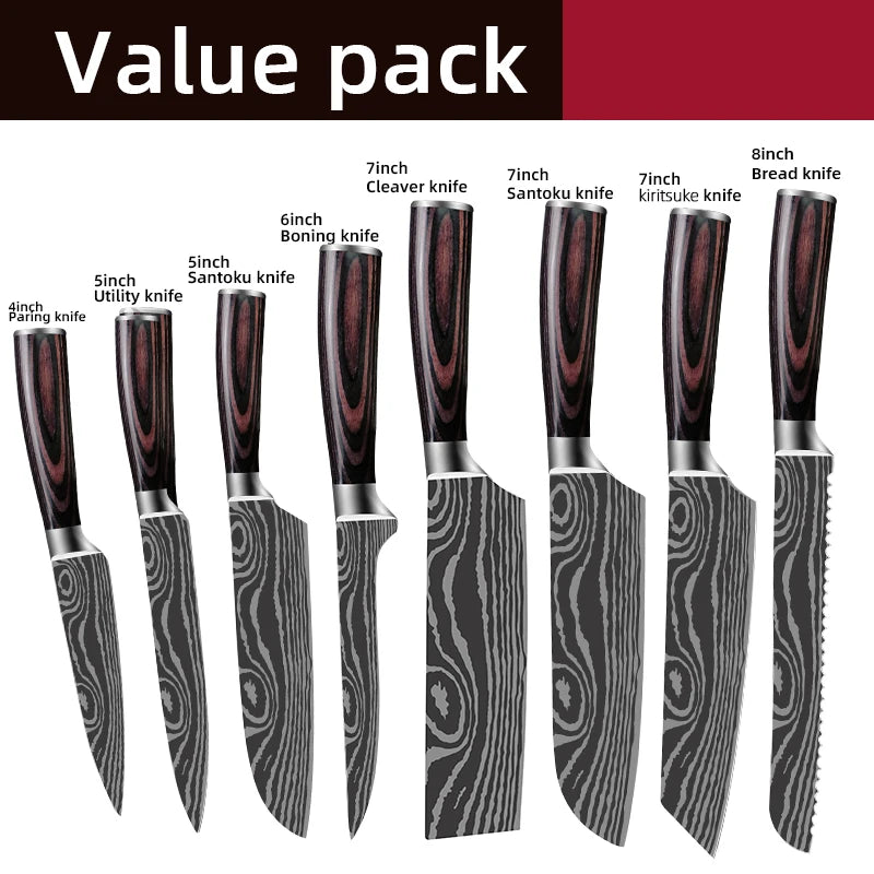 Damascus Laser Steel Kitchen Chef Knives with Shear Cutter and Wooden Handle