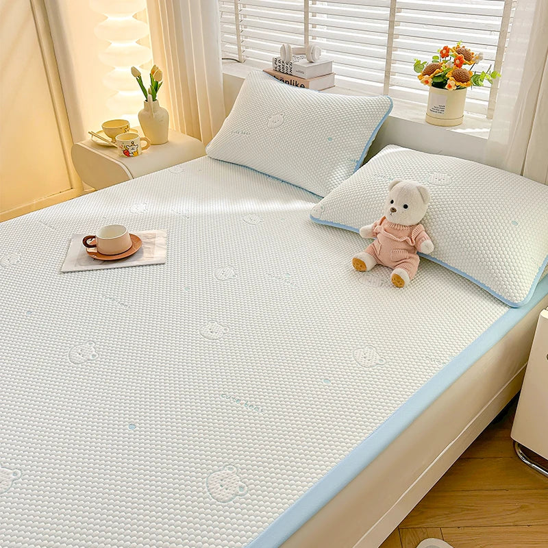 Summer 1PC Blue Cooling Pad Bed, Cute Cartoon Bear Printing Silk Pad, Washable Air Conditioning Soft Pad, Class A