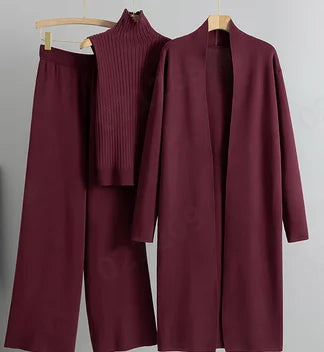 3 Piece Outfits Sweater Pullover Top & Knitted Long Cardigan & Wide Leg Pants Suits
