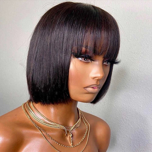 Brazilian Human Hair Wig with Bangs Straight Hair Women 8-16 Inches No Lace Bob Wigs