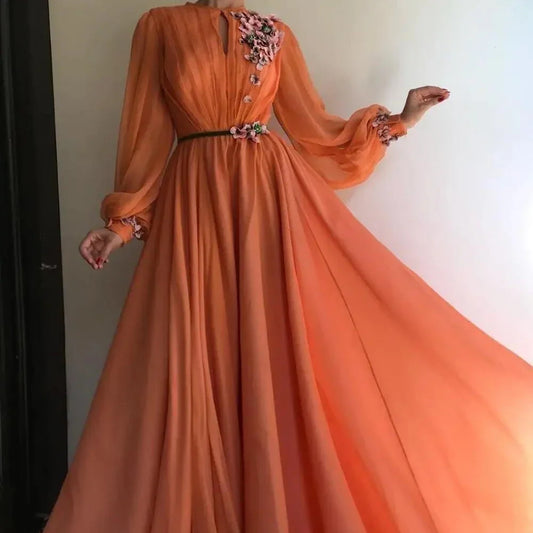 Elegant Women Prom Dresses Floral Appliques O-Neck A-Line Evening Gowns Fashion Sashes Long Sleeves Orange Party Dresses