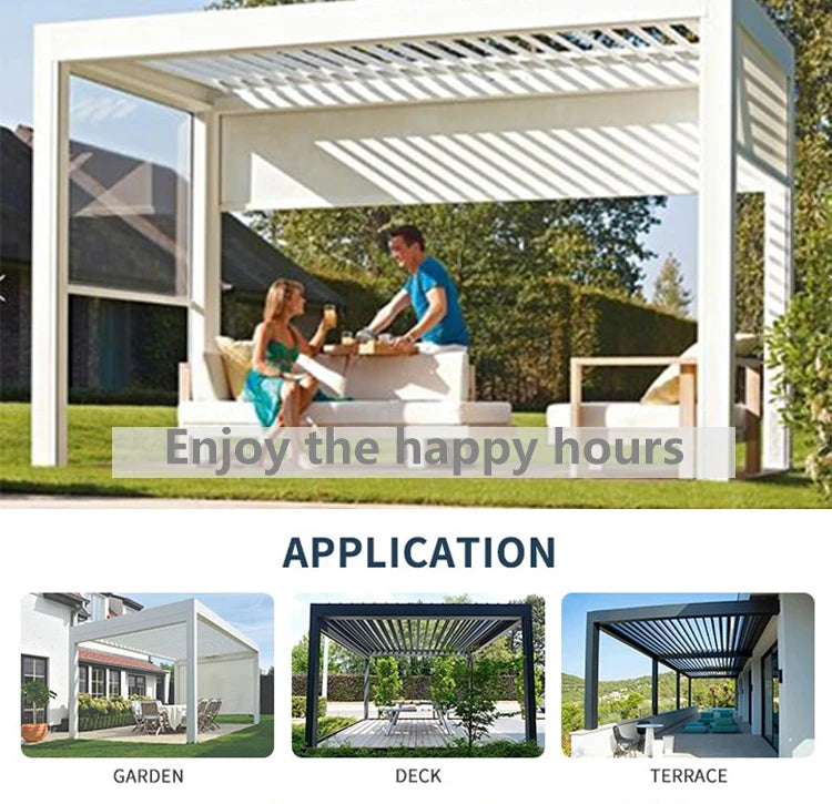 Aluminum pergola, rainproof, electrically adjustable gazebo, electric louvered awning, outdoor patio sunshade.