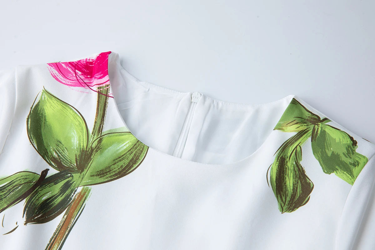 Summer French Women's Retro Pink Flower Waist Cinching Slimming Big Swing Dress Elegant Anti-aging Short Sleeved Skirt