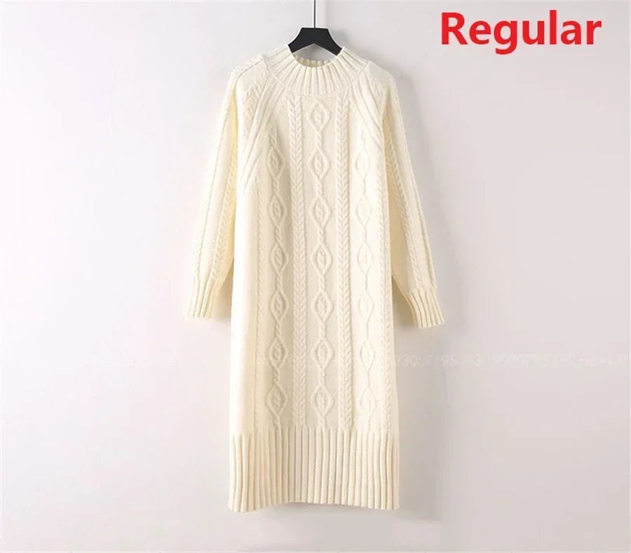 Women Winter Thicken Plus Velvet Sweater Dress Mock Neck Rib Knit Midi With Coats