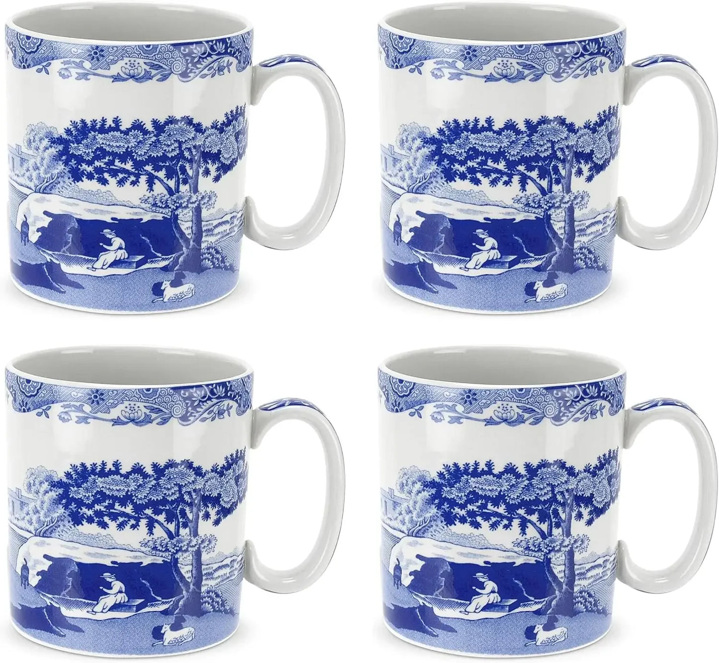 Blue Italian 16oz Jumbo Cup - Scenic Motif & Decorative Border - Elegant Hot Beverage Mug for Tea, Coffee - Brunch Table Drinkwa
