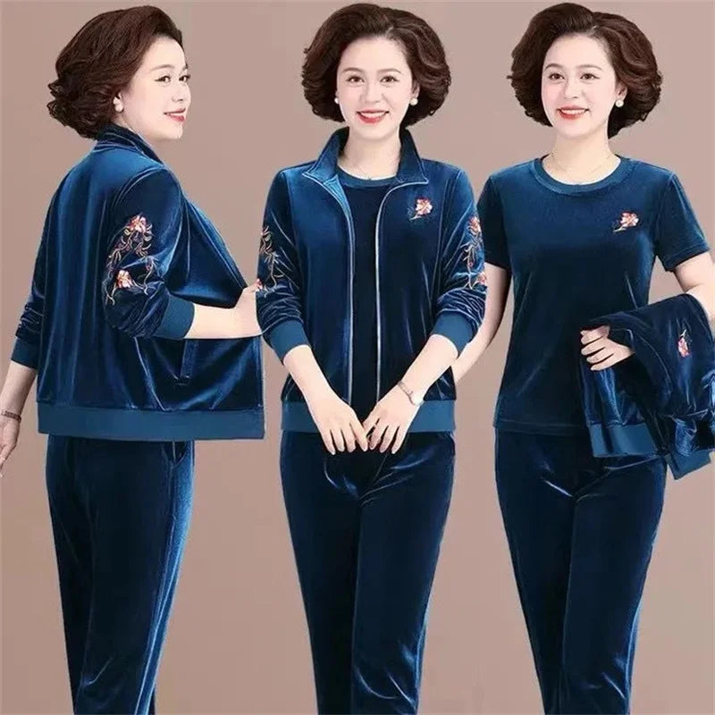 Women Spring Autumn Golden Velvet Set Casual Suit Embroidery Coat Straight Trousers 3-piece Sets