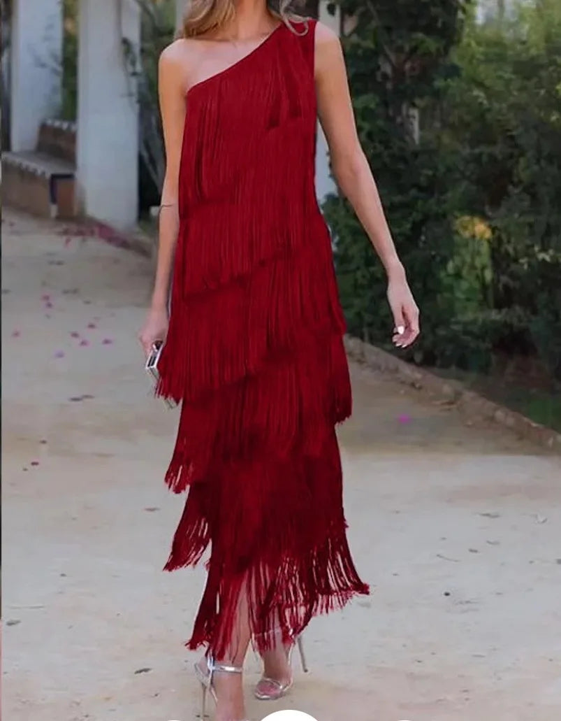 Spring and Summer Women's Fashion Fringed One Shoulder Asymmetrical Dress