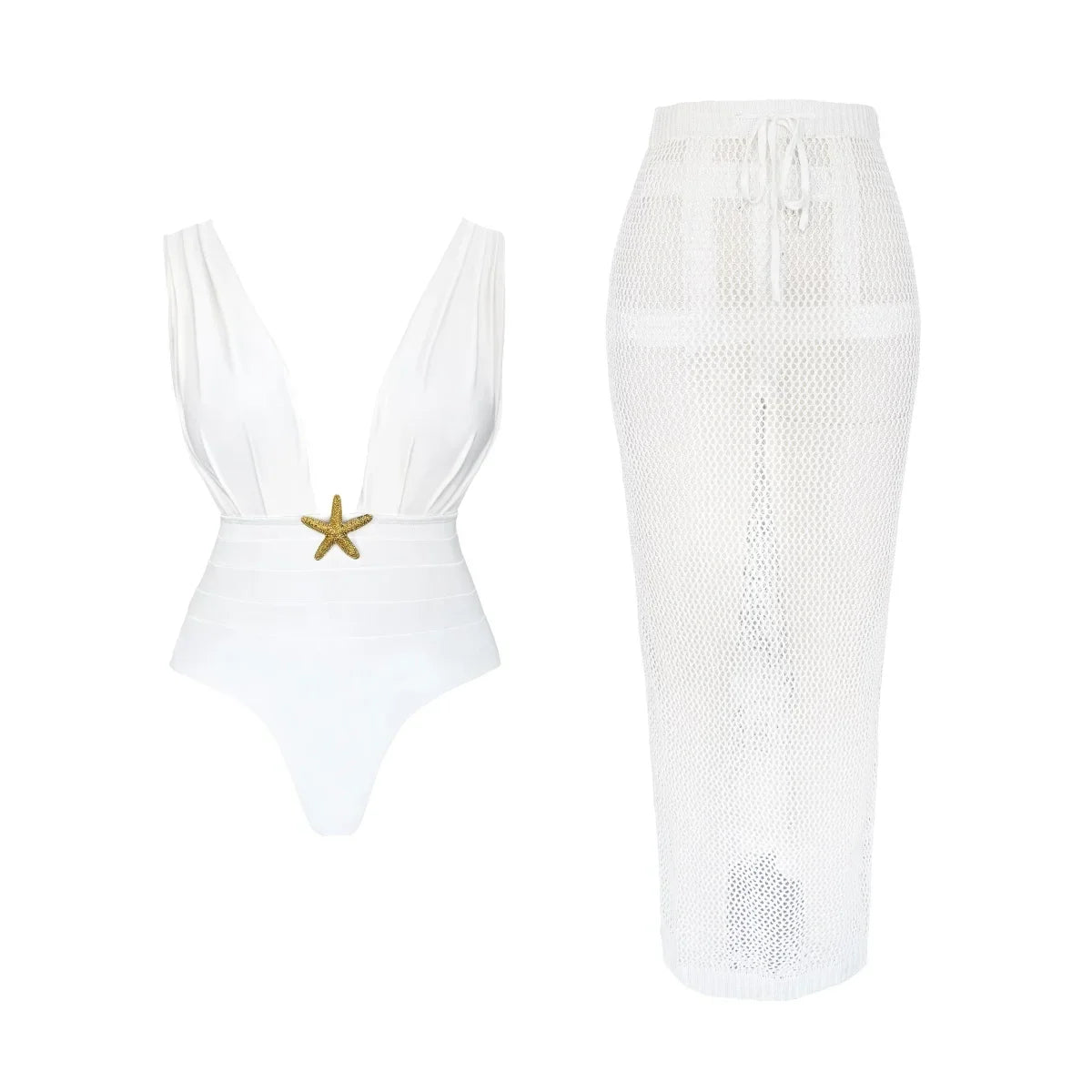 2Pcs Deep V One Piece Swimsuit Sexy Women Swimwear 2025 Shiny Star Bikini High Waist Biquini Female Swim Suit Bodysuit Beachwear
