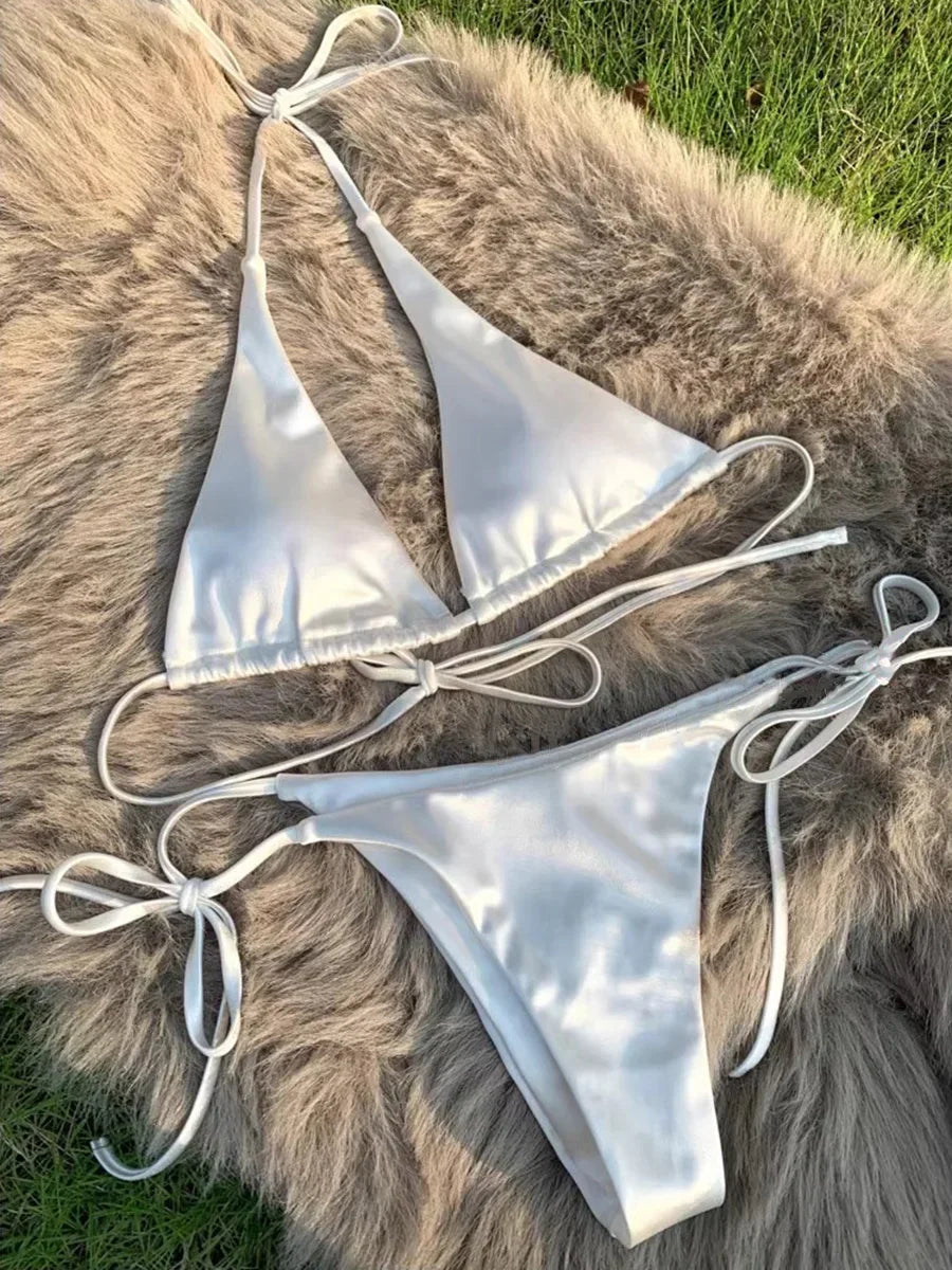 Wrap Around Halter Metallic Satin Bikini Women Swimwear Female Swimsuit Two-pieces Bikini Set Brazilian Bathing Suit Swim Lady