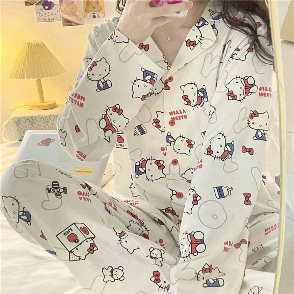 Hello Kitty 2Pcs Pajamas Set for Women Long Sleeve Tops Pants Loungewear