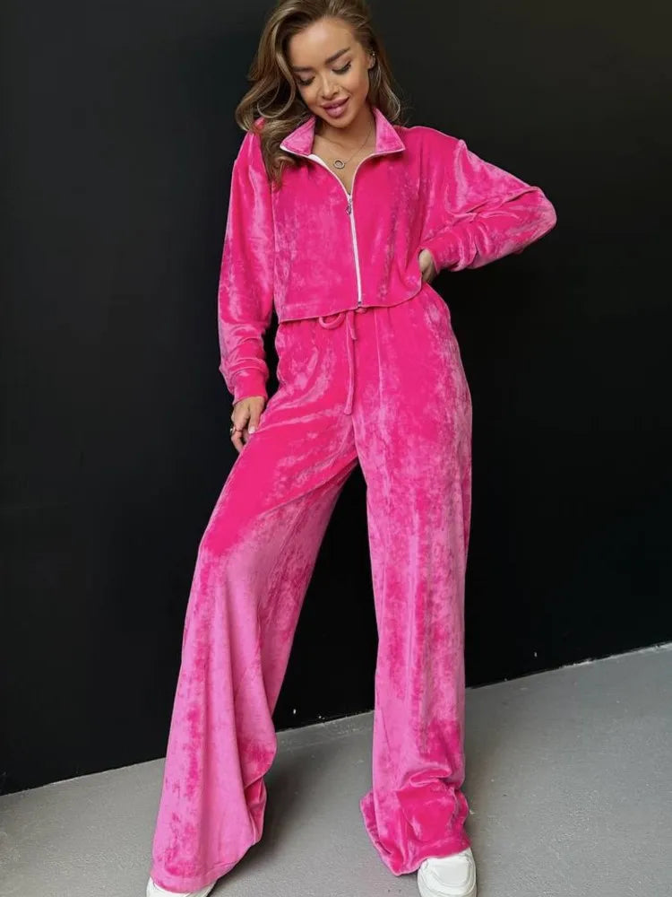 Autumn Winter Solid Casual Velvet Two Piece Tracksuit Sets for Women