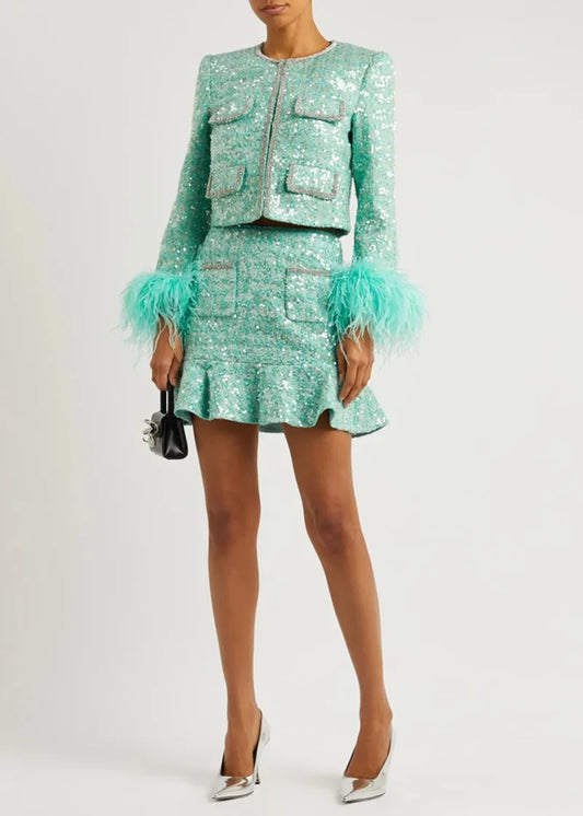 Winter Luxury Sequins Tweed Lightweight Jacket Long Sleeve With Skirt Set